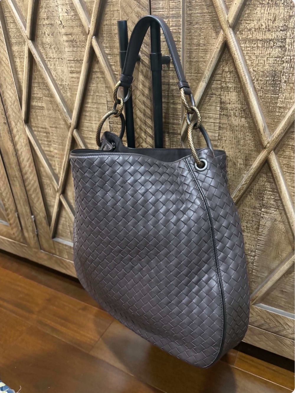 Bottega Veneta Intrecciato Leather Shoulder Bag in Dark Brown